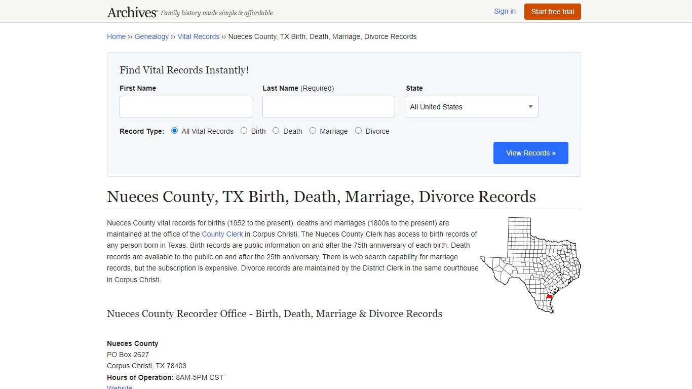 Nueces County, TX Birth, Death, Marriage, Divorce Records - Archives.com
